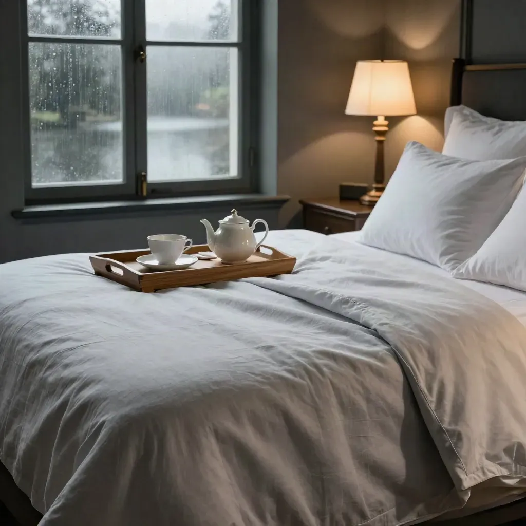 Linen bed beside tea tray and lamps with rain-streaked river view