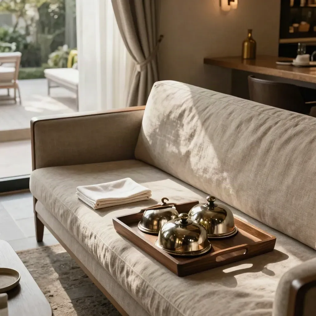 Luxury suite lounge with breakfast cloches, slippers, and terrace light