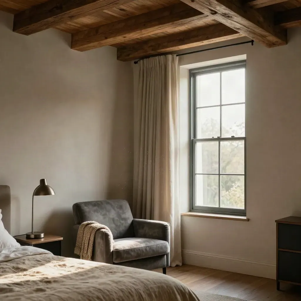 Loft suite with beams, slate gray armchair and morning light at a tall corner window.