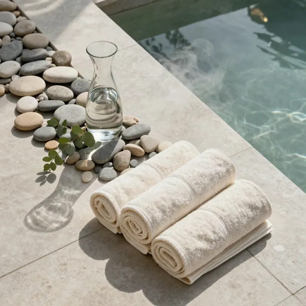 Overhead spa flatlay with rolled towels, river stones, eucalyptus, carafe, and pool edge with steam.