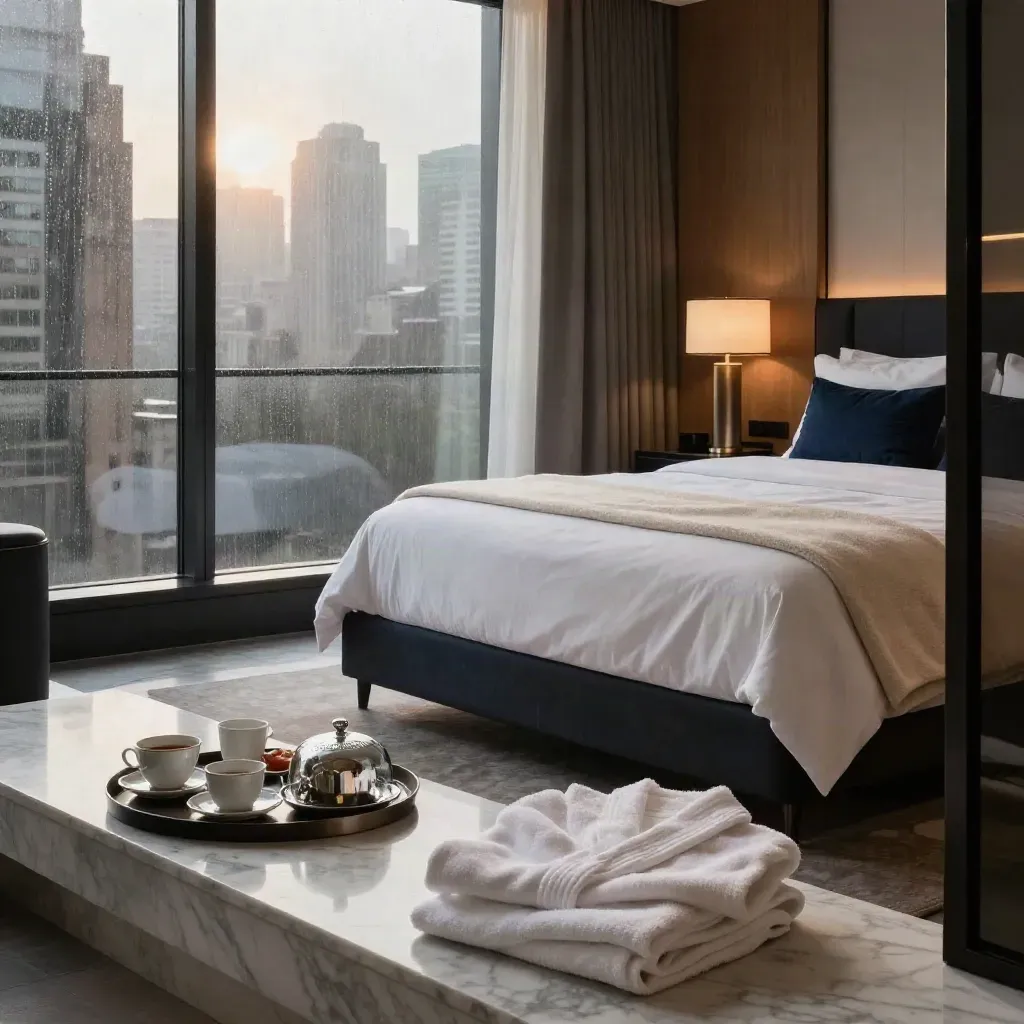 King suite with bed, city view, breakfast tray, robe and lamp at first light.