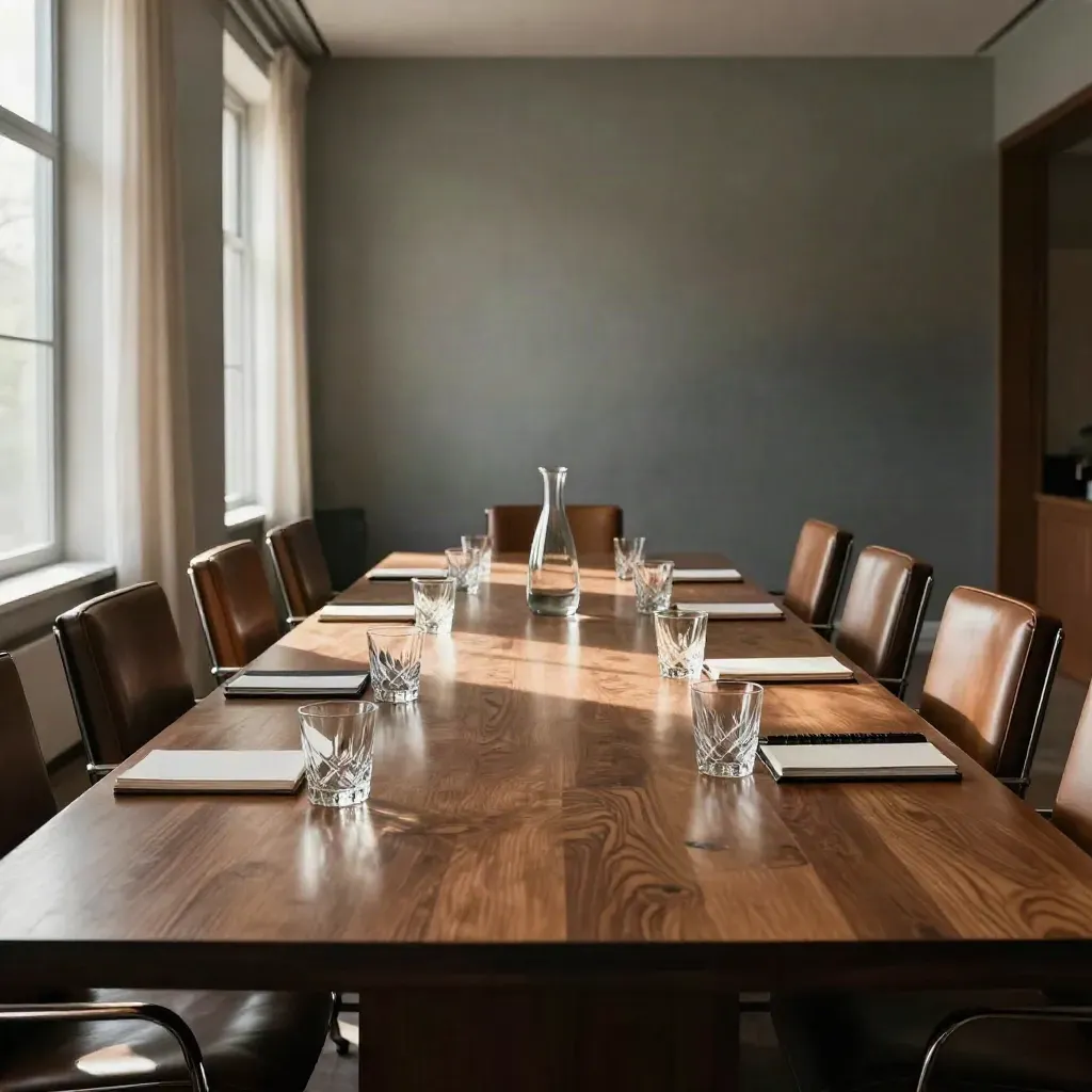 Elegant boardroom with eight empty chairs, glass tumblers, notebooks and a carafe in morning light