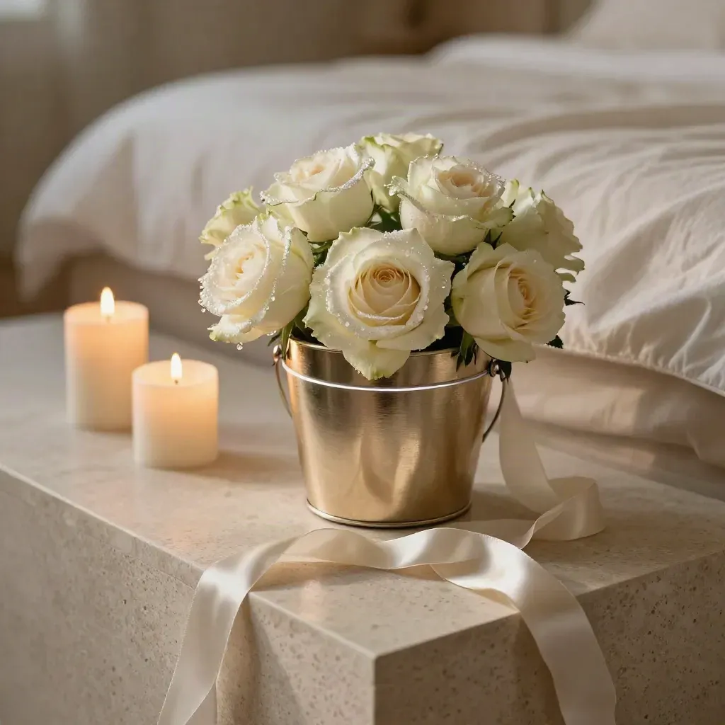 Ivory roses, champagne bucket, silk ribbon, candles, and a bed edge in a wedding suite close-up.