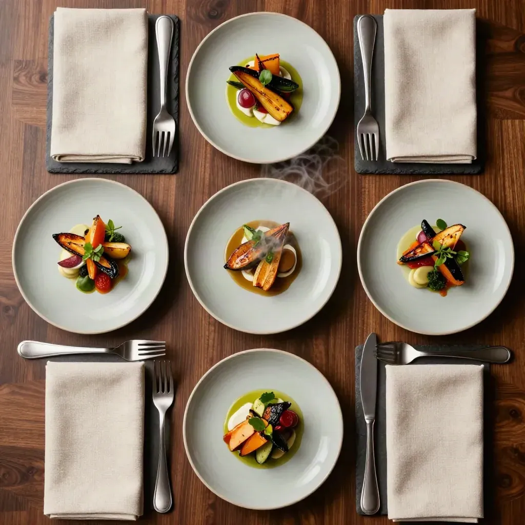 Overhead chef’s table flatlay with five plated courses, linen napkins and cutlery on dark walnut.