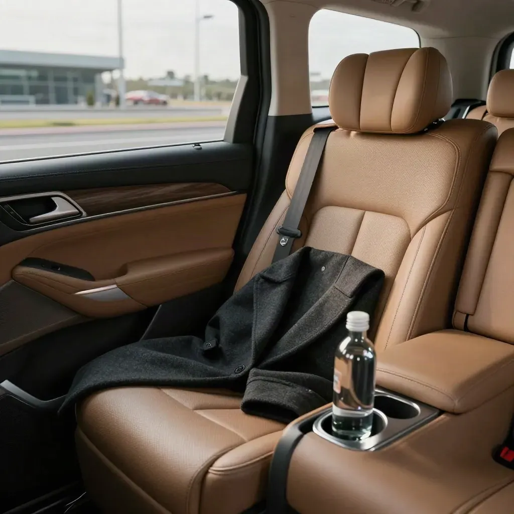 Rear-seat transfer scene with leather upholstery, coat, water bottle and airport road blur.