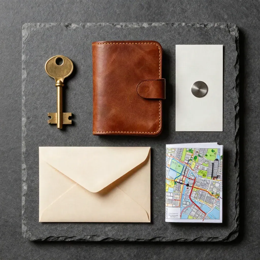 Overhead concierge travel kit with brass key, leather folio, envelope, booklet and folded map on stone.