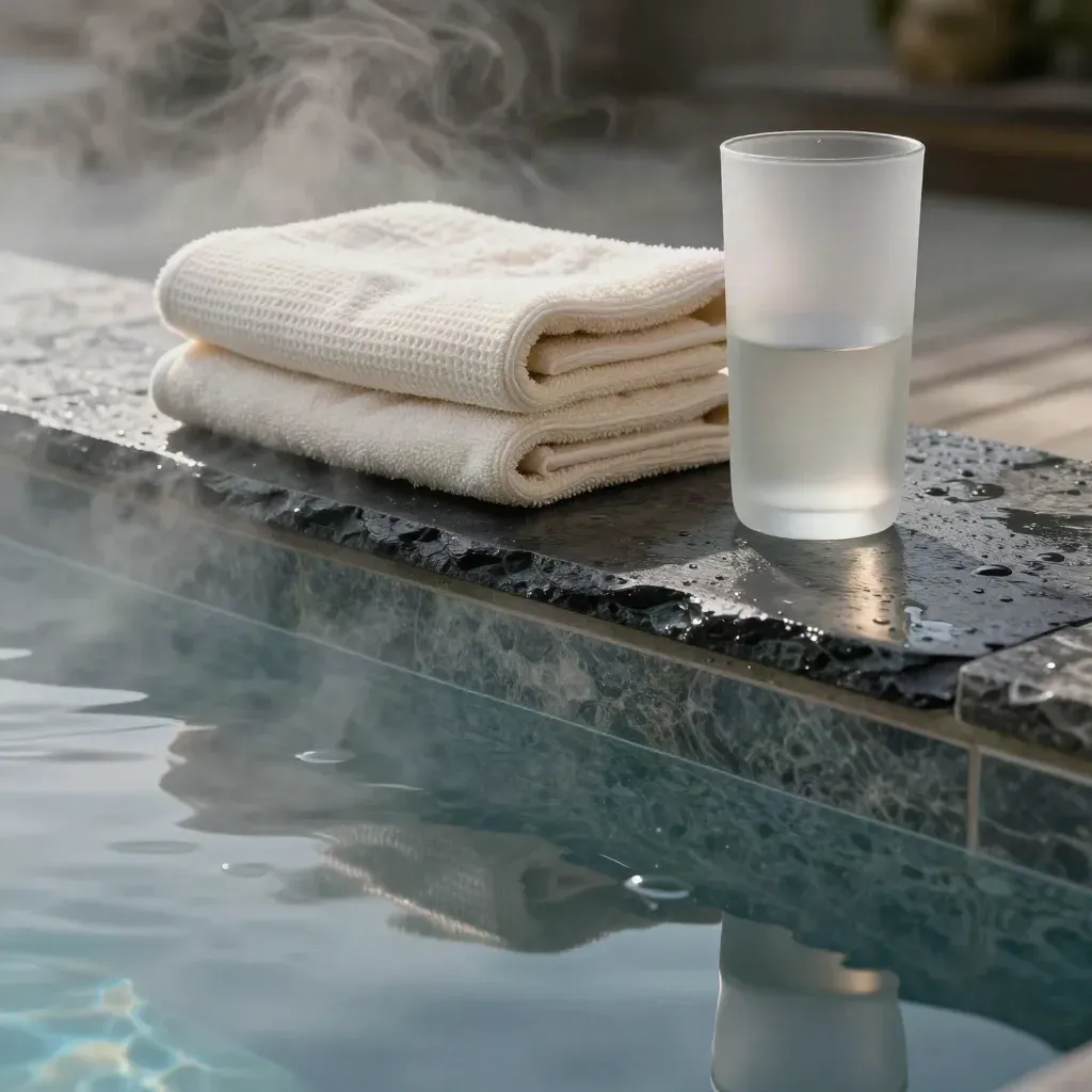 Steam, towels, stone steps and a frosted carafe beside a spa pool edge
