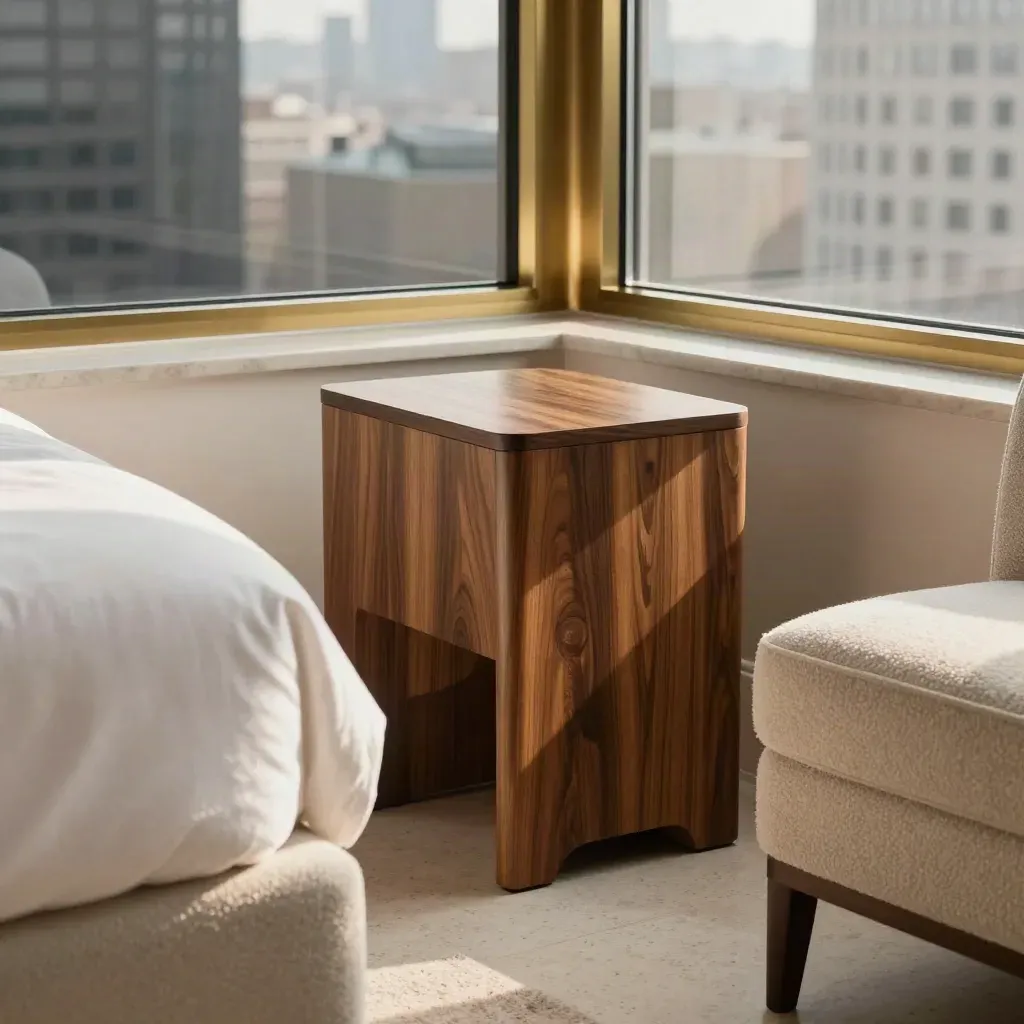 Corner suite details: walnut table, boucle chair, made bed, and sunlit windows.