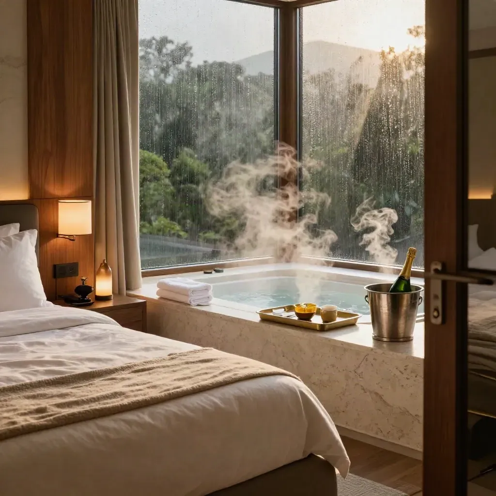 Luxury suite corner with spa tray, champagne, towels, lamp, and glowing evening steam.