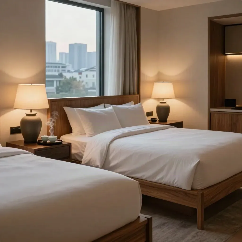 Two cedar twin beds with ivory linens, tea tray, and soft dusk light by a city window.