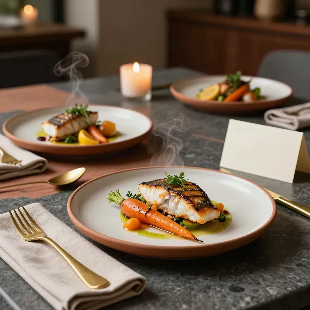 Low-angle private chef dinner with seasonal plates, brass cutlery, linen napkins, and candle warmth.
