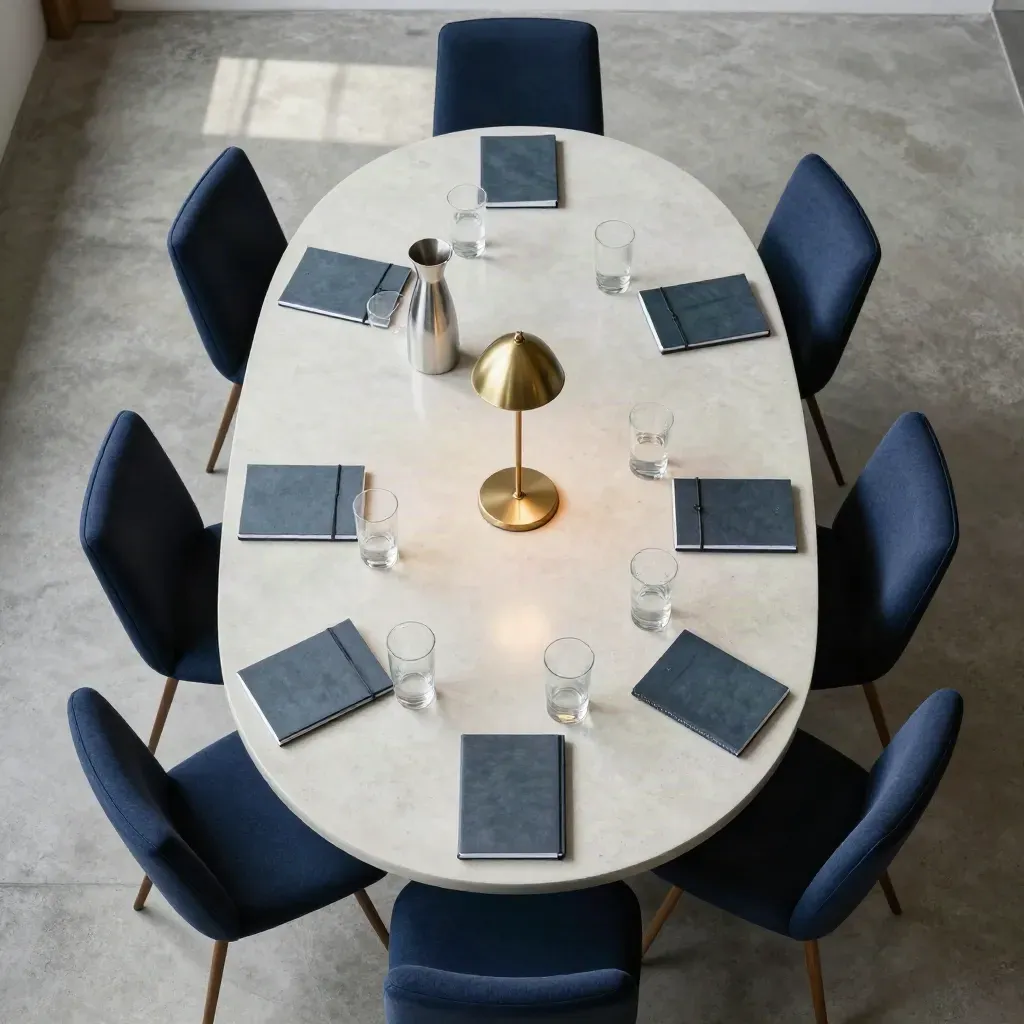 Overhead meeting-room flatlay with oval table, chairs, carafe, glasses, notebooks and lamp.