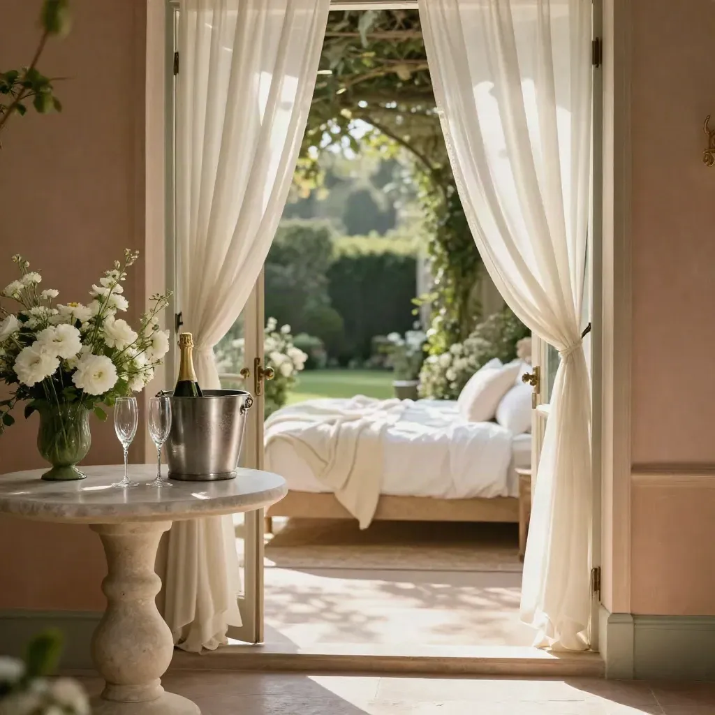 Ivory garden wedding suite with open doors, flowers, champagne bucket, and glowing bed