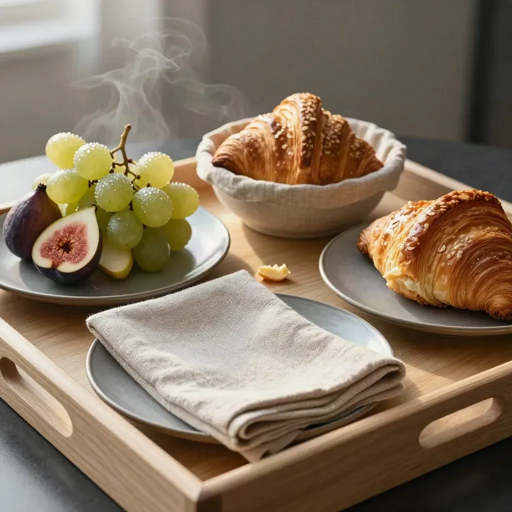 Breakfast tray with covered plates, croissants, fruit and linen napkins on pale wood, gently steaming.