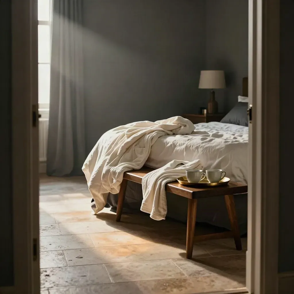 Late-checkout hotel suite with rumpled bed, coffee cups, robe and sunlight on the floor.