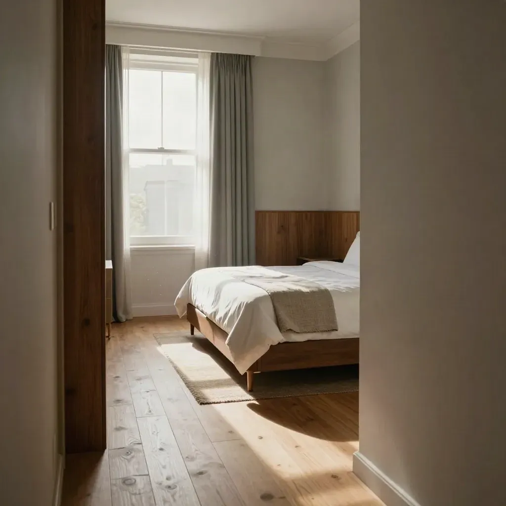 Sunlit boutique king room corridor with bed, curtains, and calm floor space.