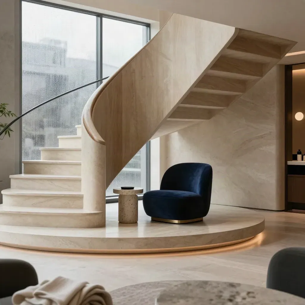 Rain-silvered hotel lounge with staircase, velvet chair and glowing window.