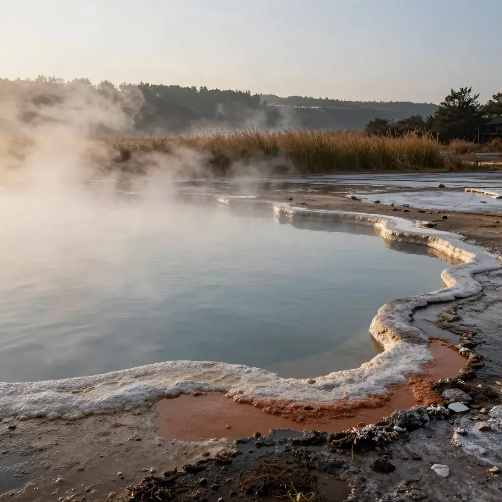 Thermal spa pool at dawn with steam, stone edges, and distant trees