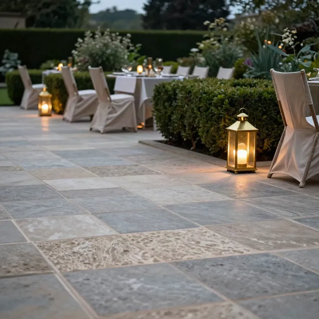 Blue-hour terrace with stone paving, lanterns, clipped hedges, and folded chairs.