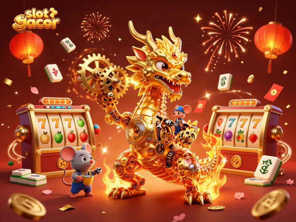 Engage in thrilling slot gacor gameplay with vibrant visual elements of a golden dragon and festive decorations.