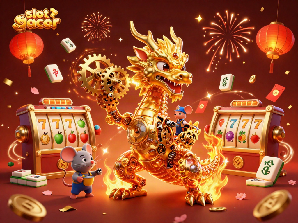 Engage in thrilling slot gacor gameplay with vibrant visual elements of a golden dragon and festive decorations.