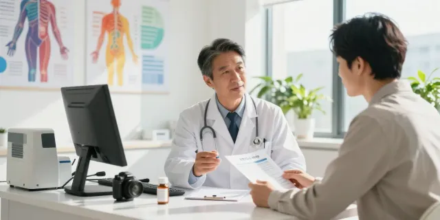 Healthcare professional explaining benefits of mots-c 40 mg to patient in modern clinic.