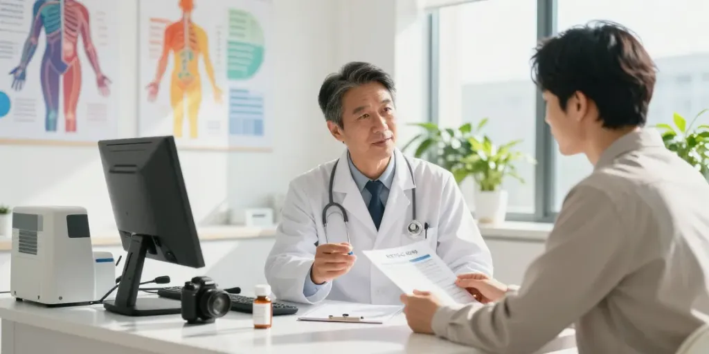 Healthcare professional explaining benefits of mots-c 40 mg to patient in modern clinic.