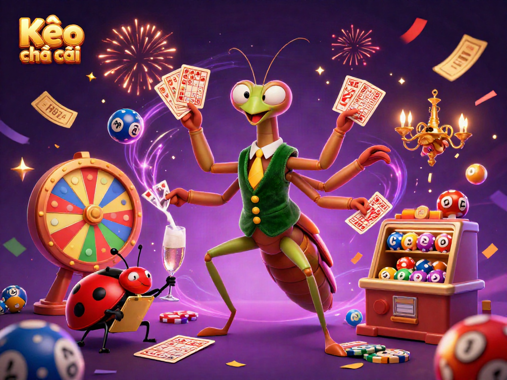 Kèo nhà cái features a vibrant 3D scene with a card sharp mantis and pit boss in a casino setting.