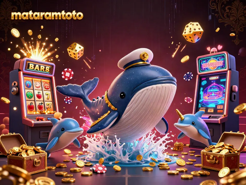 Experience thrilling gaming excitement with mataramtoto, featuring a whimsical whale and playful dolphins in a vibrant casino scene.