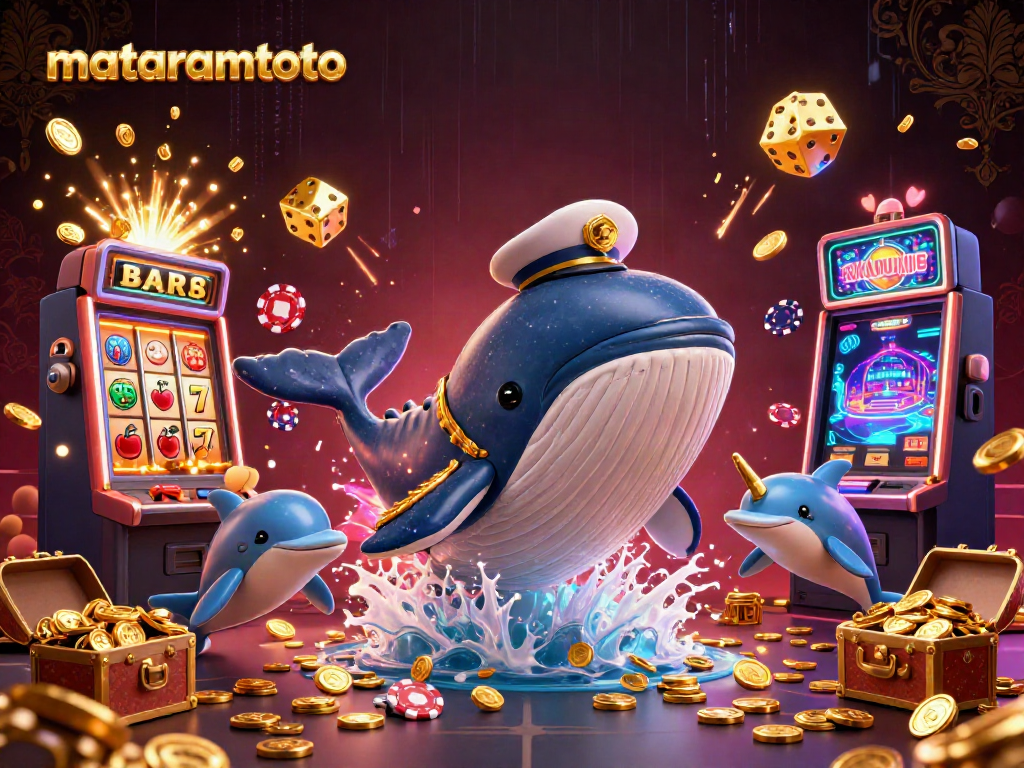 Experience thrilling gaming excitement with mataramtoto, featuring a whimsical whale and playful dolphins in a vibrant casino scene.