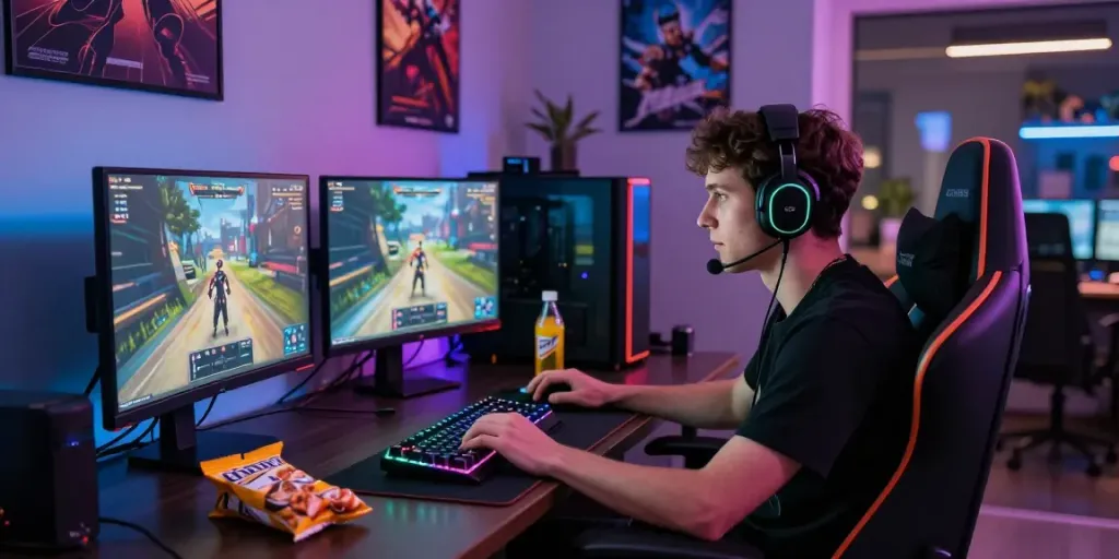 Gamer trải nghiệm vvwin với không gian chơi game hiện đại tại nhà.