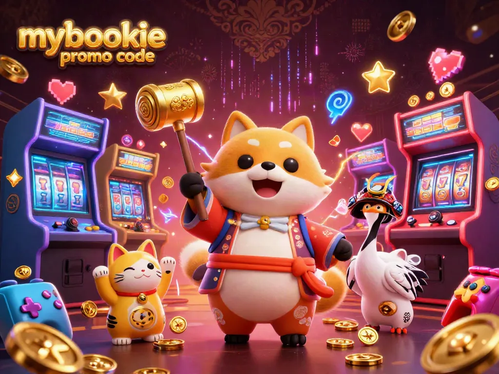 Win with the mybookie promo code while enjoying a vibrant casino-themed 3D illustration packed with action.