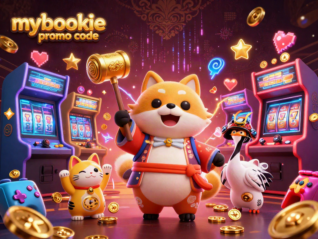 Win with the mybookie promo code while enjoying a vibrant casino-themed 3D illustration packed with action.
