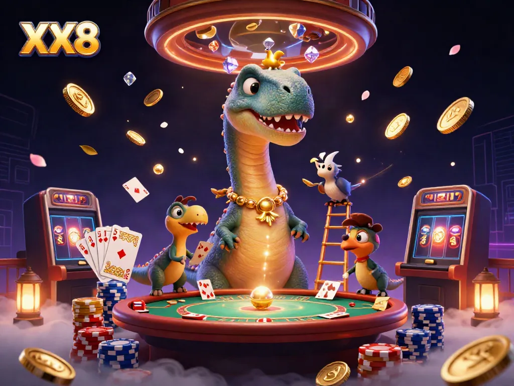 Catch exciting moments at the XX8 casino with a whimsical dinosaur dealer, cards, and chips.