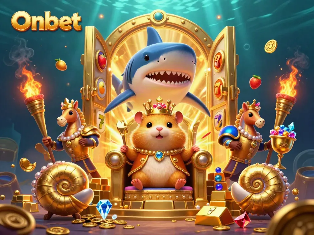 Engage with Onbet's thrilling slot adventures featuring a golden hamster king and treasure-filled scene.