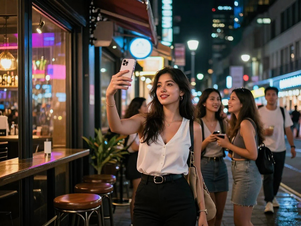 Gái gọi đang vui vẻ chụp ảnh tại quán bar sang trọng vào ban đêm, thể hiện sự tự tin và phong cách.