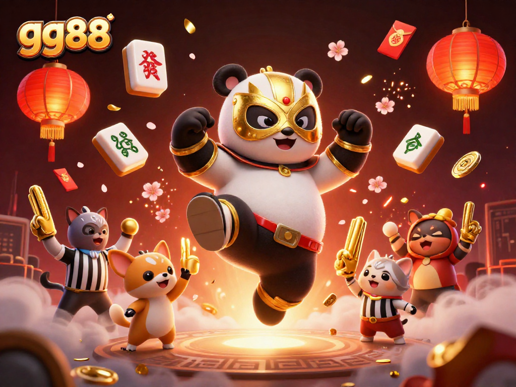 Immerse yourself in gg88's electrifying gaming scene as our panda wrestler kicks off a thrilling match.