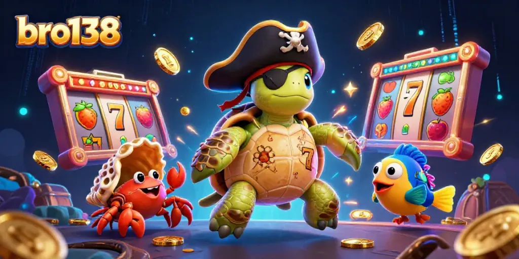 Engage with bro138's thrilling slot adventures featuring a pirate turtle and friends.