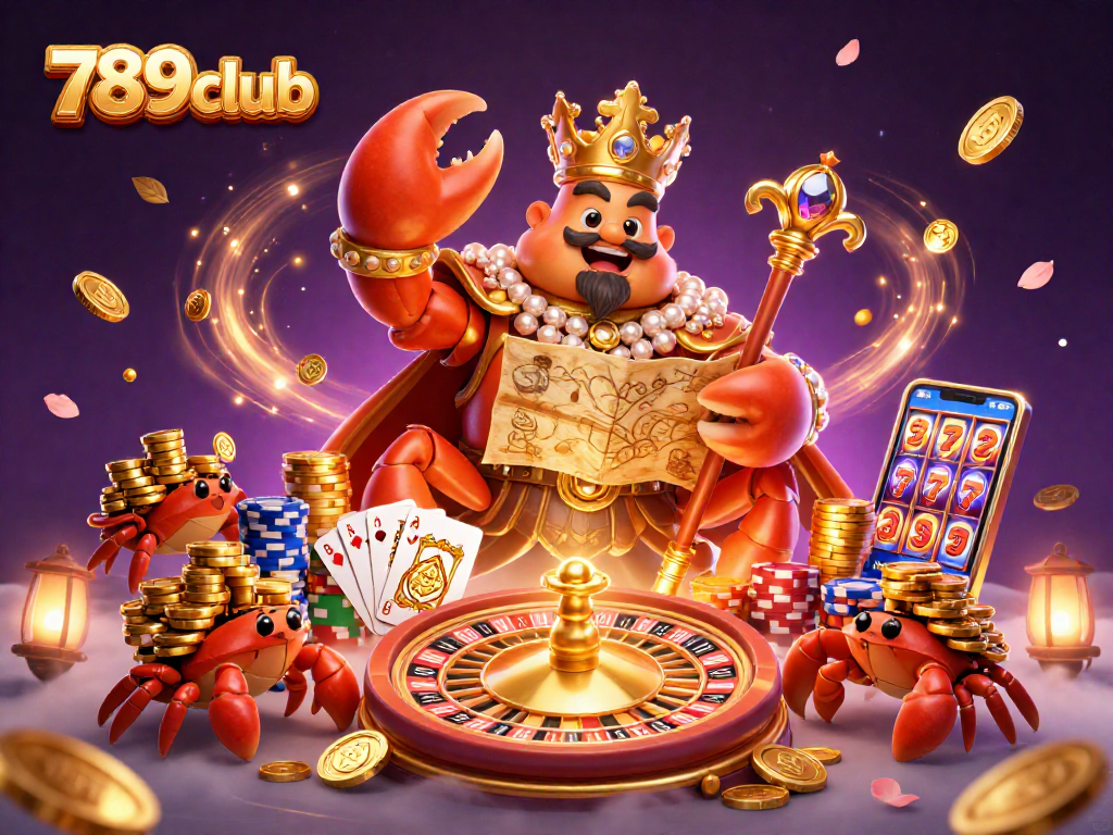 Experience thrilling gameplay at 789club with a golden crab emperor amidst casino riches.