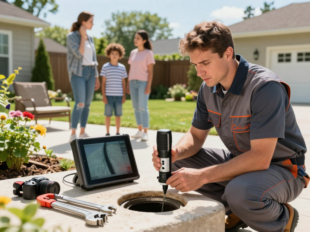 Professional plumber inspecting sewer line service Fort Worth with high-tech equipment in sunny backyard.