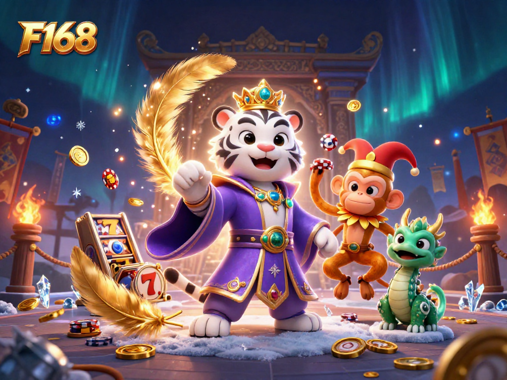 Experience the excitement of F168 with a vibrant 3D casino illustration featuring engaging gaming elements.