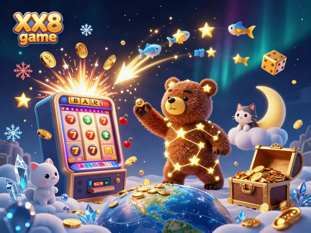 Experience the excitement of the XX8 game with a magical illustration featuring stars, coins, and vibrant casino elements.