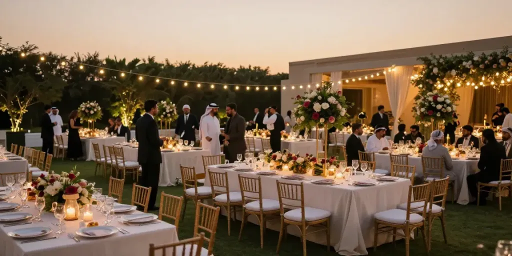 Event furniture rental showcased at stunning outdoor wedding reception with elegant tables and decor