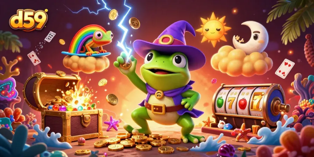 Engage with d59's slot players as a wizard frog conjures coins, vibrant chameleon surfing clouds.