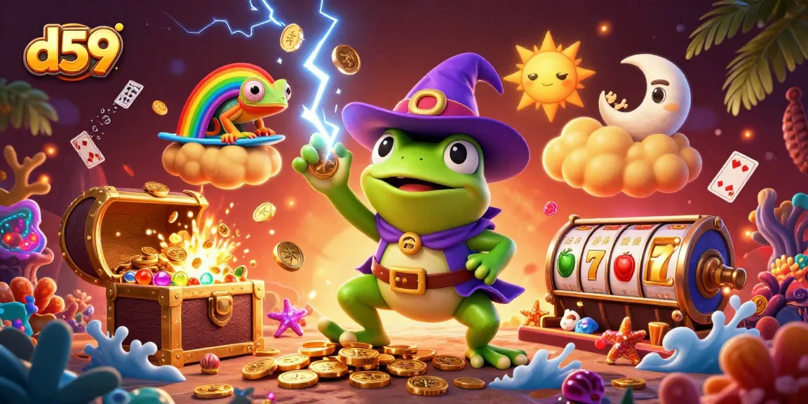 Engage with d59's slot players as a wizard frog conjures coins, vibrant chameleon surfing clouds.