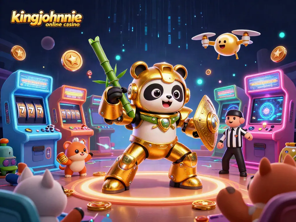 Experience gaming excitement at kingjohnnie online casino with vibrant 3D illustration filled with dynamic elements.