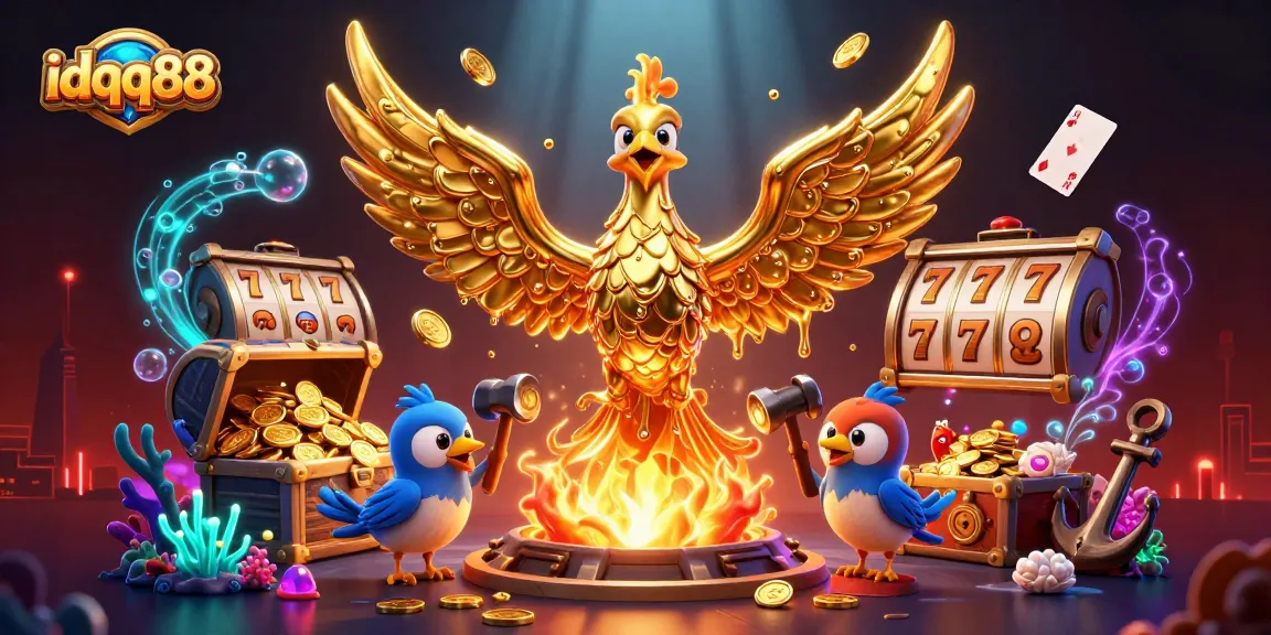 Engage with idqq88's bright world of slots as a molten phoenix transforms gold into coins.