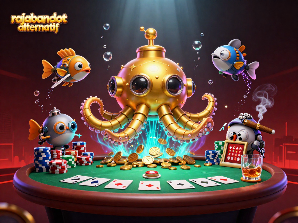 Gambaran alternatif rajabandot dengan kraken emas dan meja poker yang mewah, menunjukan keberuntungan dalam perjudian.