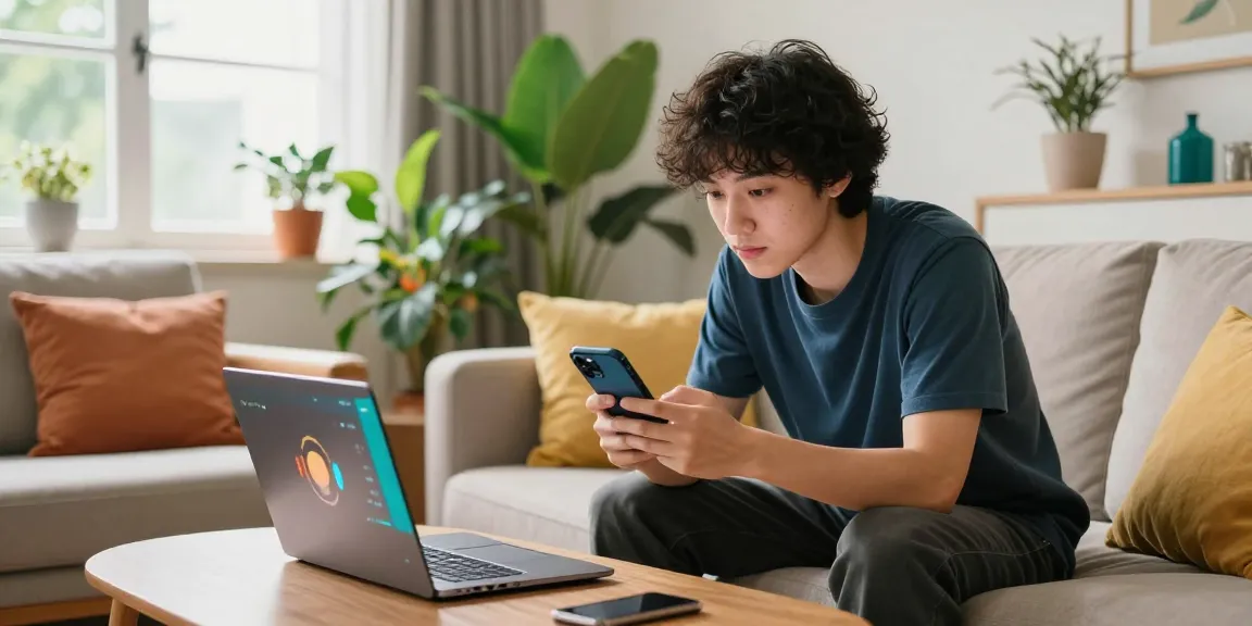 Person engaged in fun 'how old do I look' app on smartphone in bright living room.