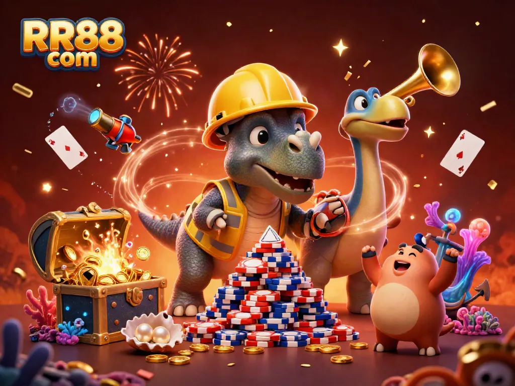 RR88 com celebrates big wins with a fun dinosaur-themed online casino scene, featuring poker chips and confetti.
